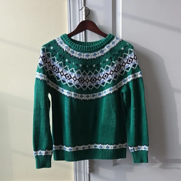 J Crew Factory Fairisle green sweater size M - Picture 1 of 4